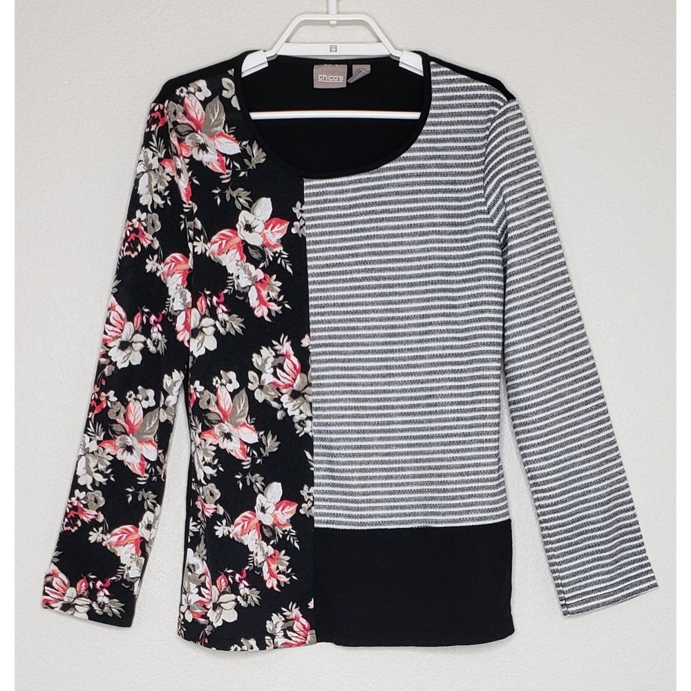 Chico's Womens Top Size 0 L/S Multicolor Round Neck Floral/Stripe Knitted Blouse